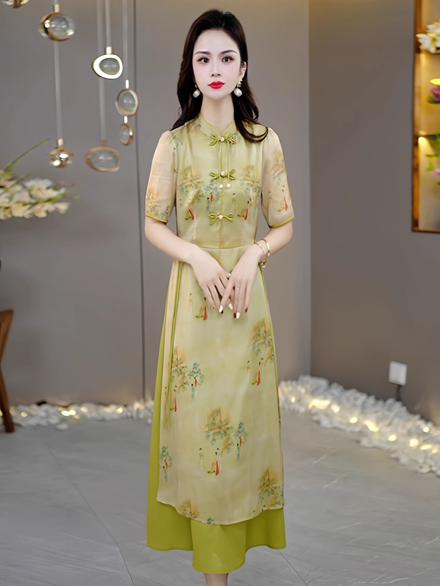 15536-Đầm suông A giả kiểu  cách tân cổ  tàu kết nút ( voan, lót)_thumbnail_0