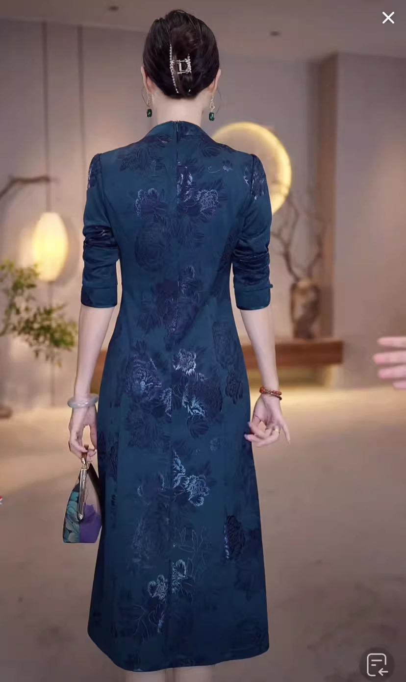 15531-Đầm suông A cổ tàu kết  nút màu xanh cổ vịt (lụa vân gấm)_thumbnail_0