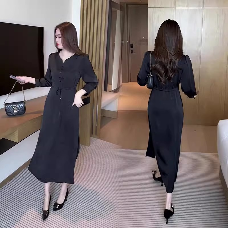 15619-Đầm lụa suông tay dài eo thắt dây rút cách điệu ( lụa latin)_thumbnail_1