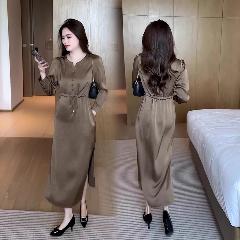 15619-Đầm lụa suông tay dài eo thắt dây rút cách điệu ( lụa latin)_thumbnail_0