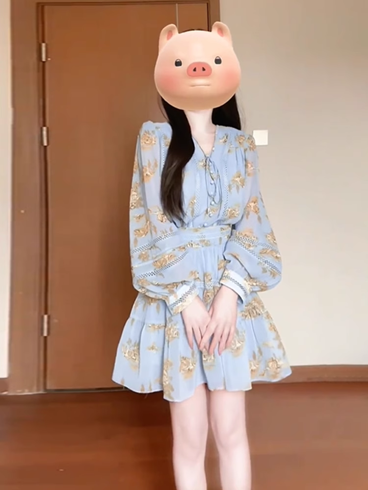 15366-Đầm voan xanh xòe  tay dài tiểu thư ( voan lụa, lót)_thumbnail_1