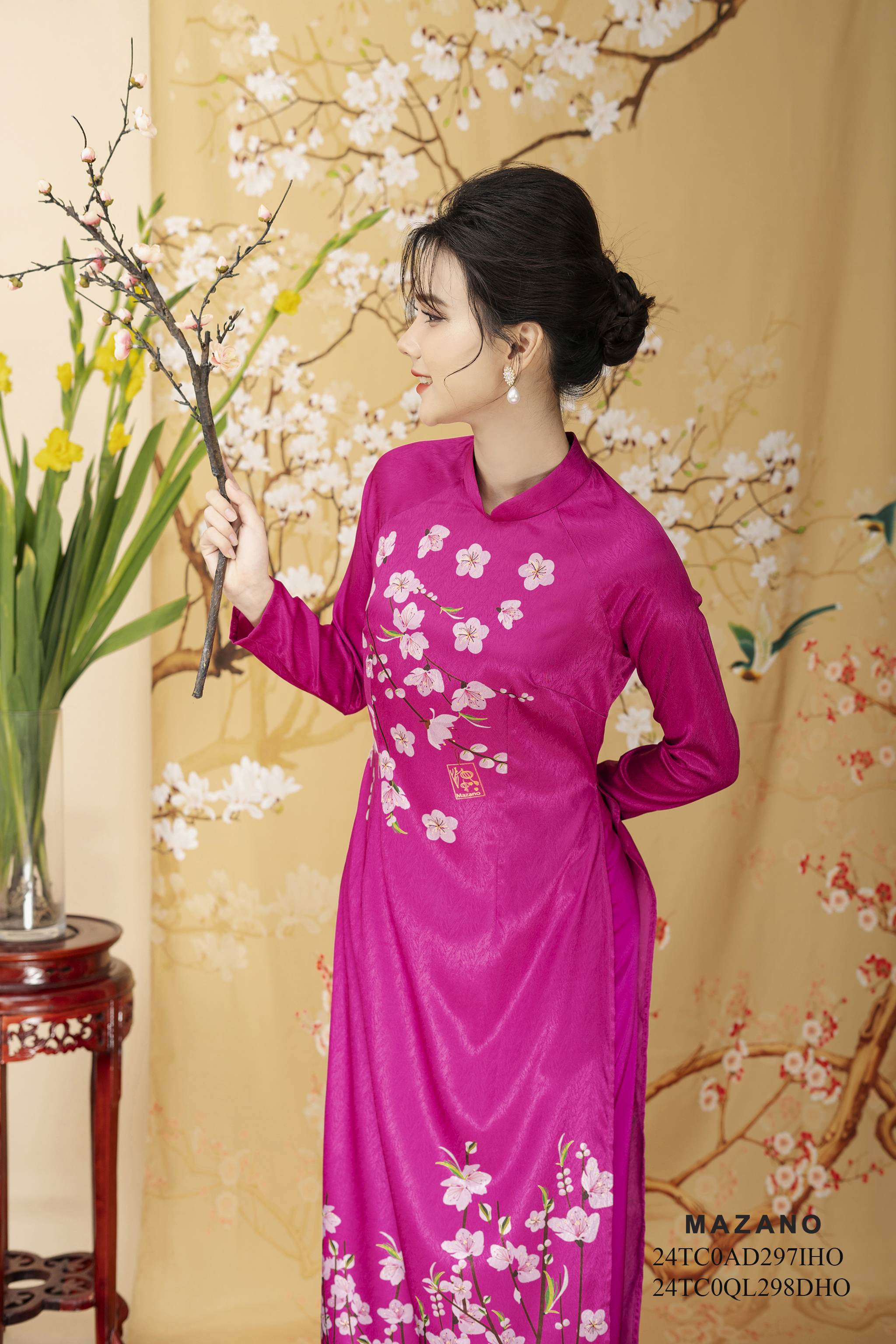 Áo Dài in hoa đào Vải lụa vân chìm Cổ tàu Tay dài Dài tới mắt cá chân - Mã mẫu 24TC0AD297IHO_thumbnail_3