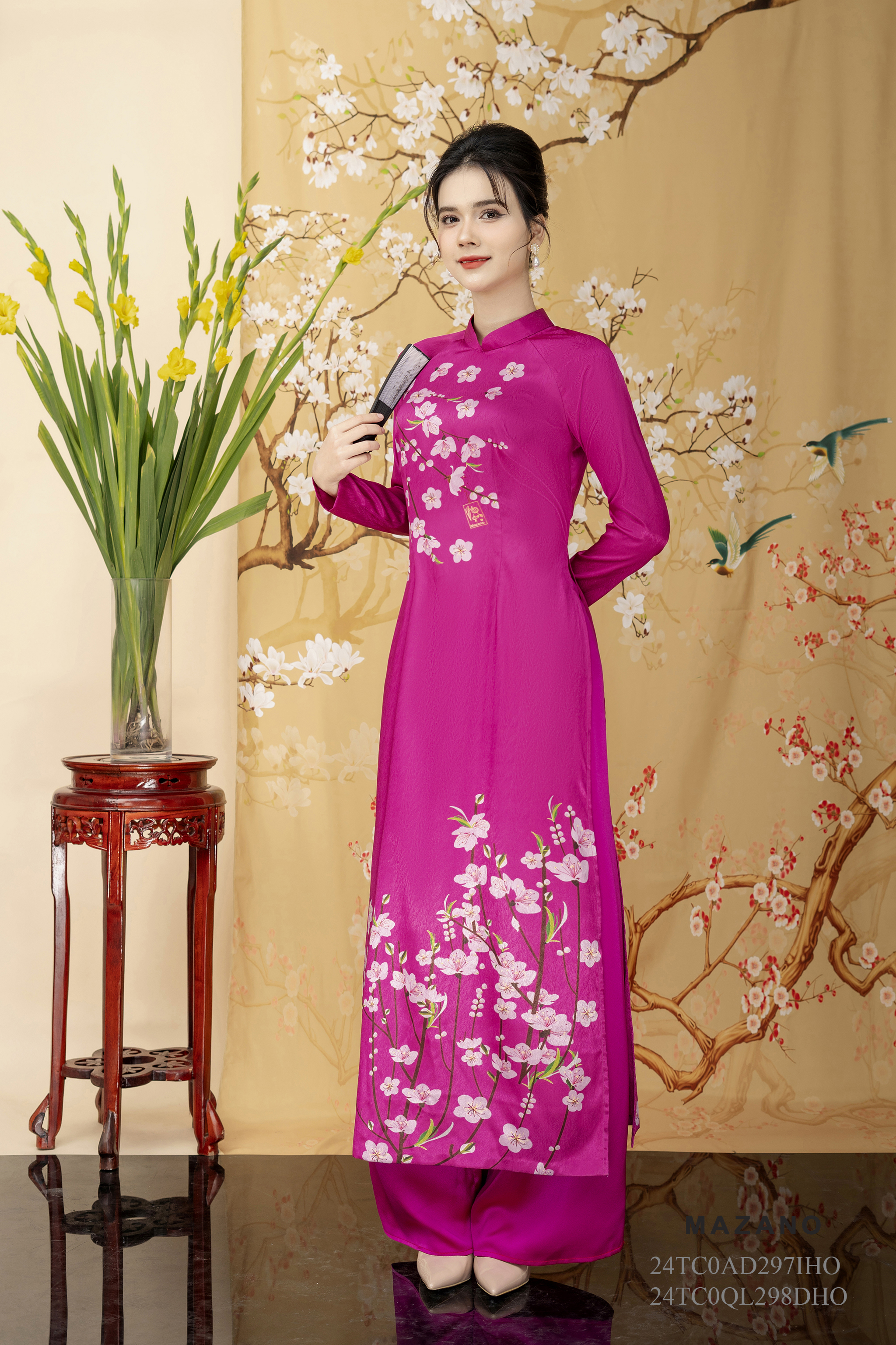 Áo Dài in hoa đào Vải lụa vân chìm Cổ tàu Tay dài Dài tới mắt cá chân - Mã mẫu 24TC0AD297IHO