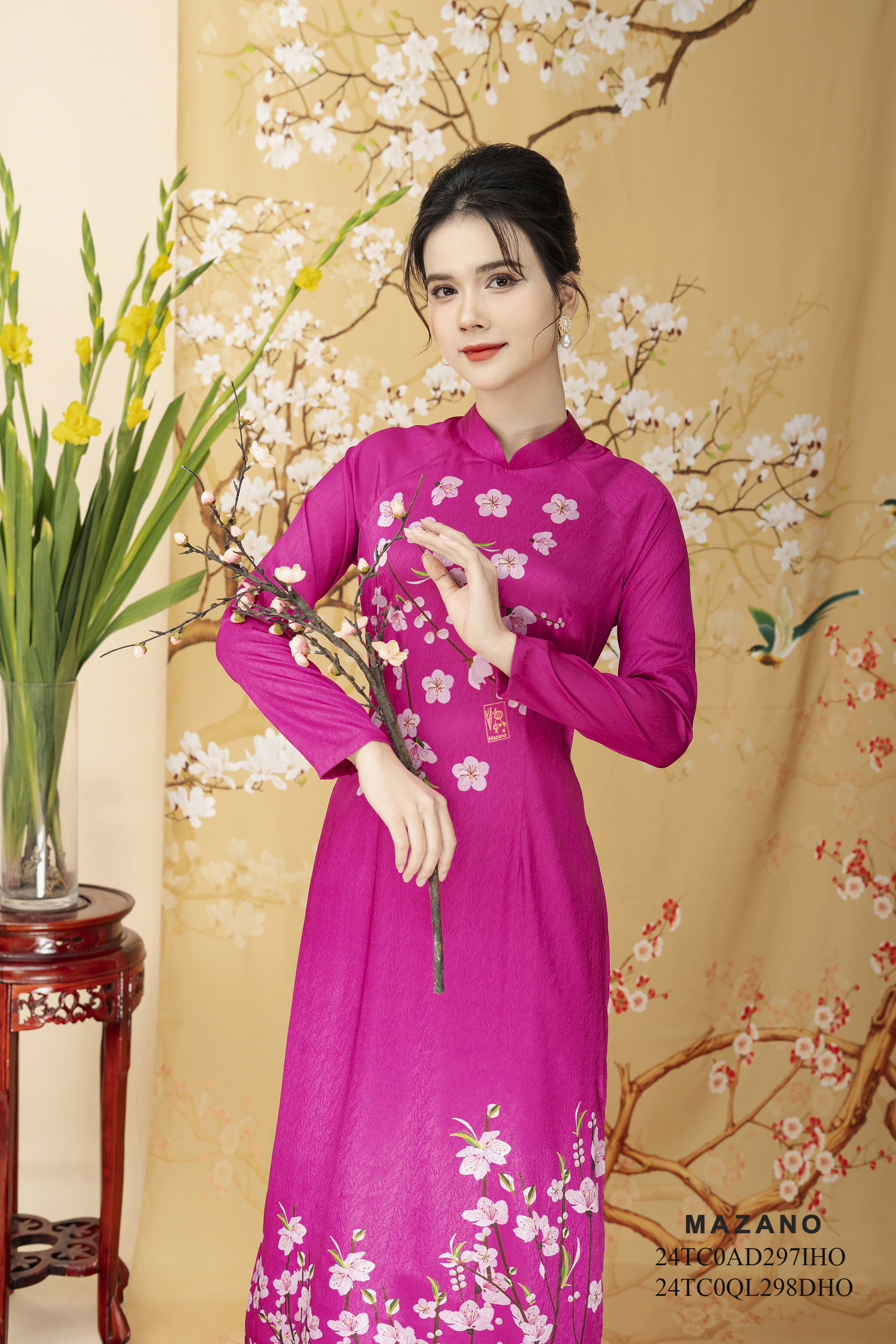 Áo Dài in hoa đào Vải lụa vân chìm Cổ tàu Tay dài Dài tới mắt cá chân - Mã mẫu 24TC0AD297IHO_thumbnail_2