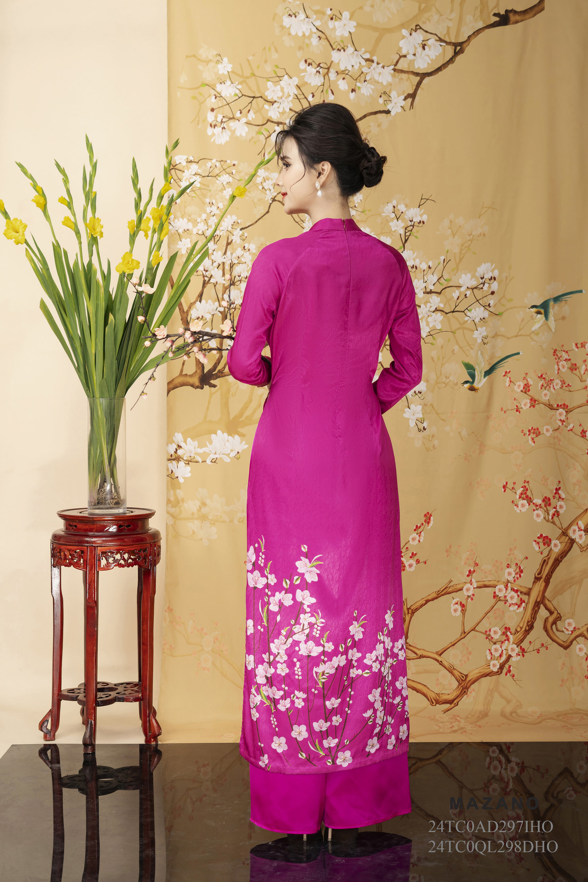 Áo Dài in hoa đào Vải lụa vân chìm Cổ tàu Tay dài Dài tới mắt cá chân - Mã mẫu 24TC0AD297IHO_thumbnail_5