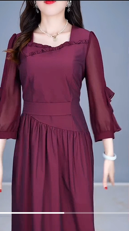 15346-Đầm xoè voan tím tay dài cổ viền nhún cách điệu ( voan, lót)_thumbnail_4