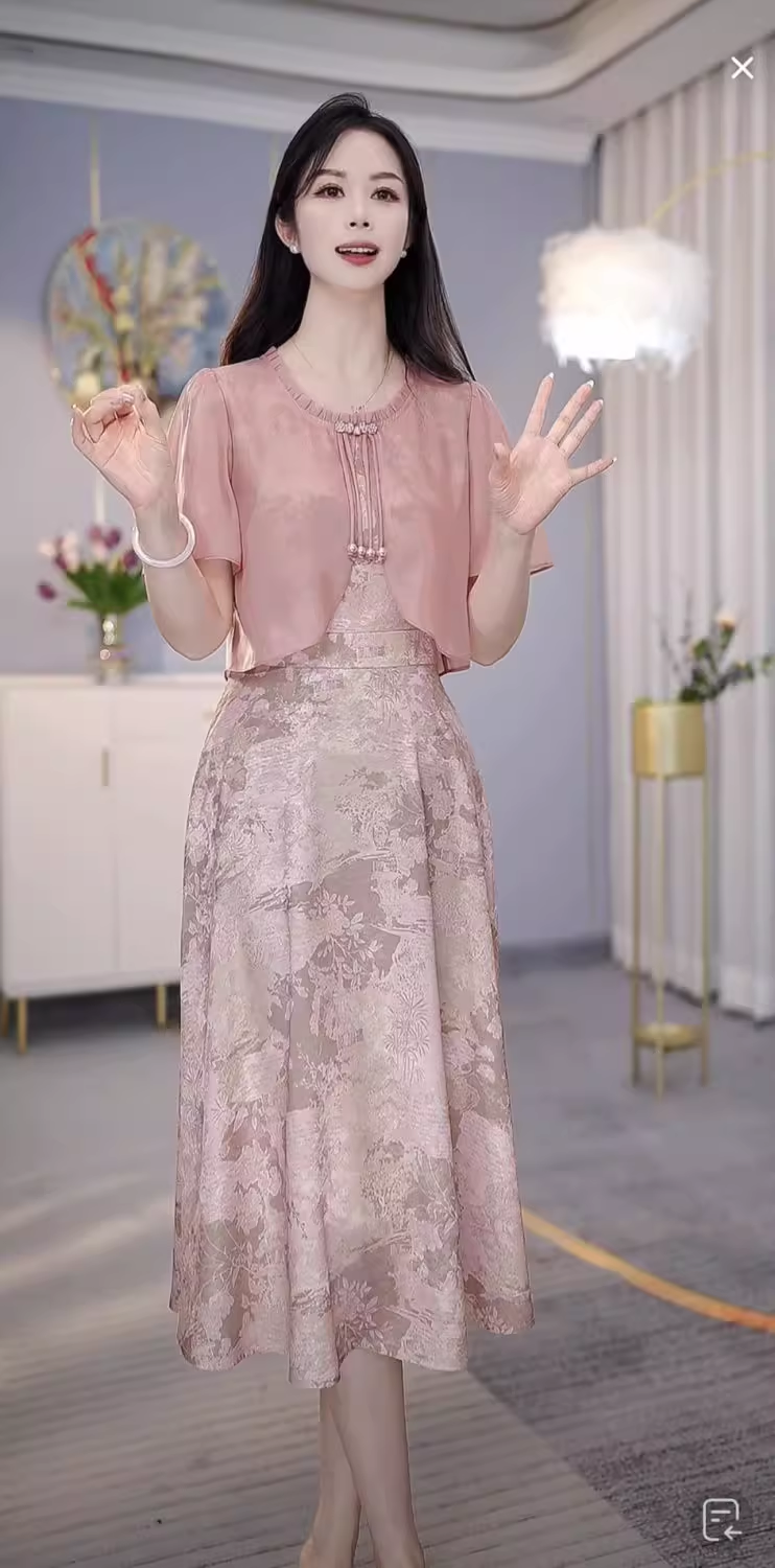 15654-Đầm xoè hồng lụa vân  gấm phối voan  cách điệu ( lụa, voan)_thumbnail_1