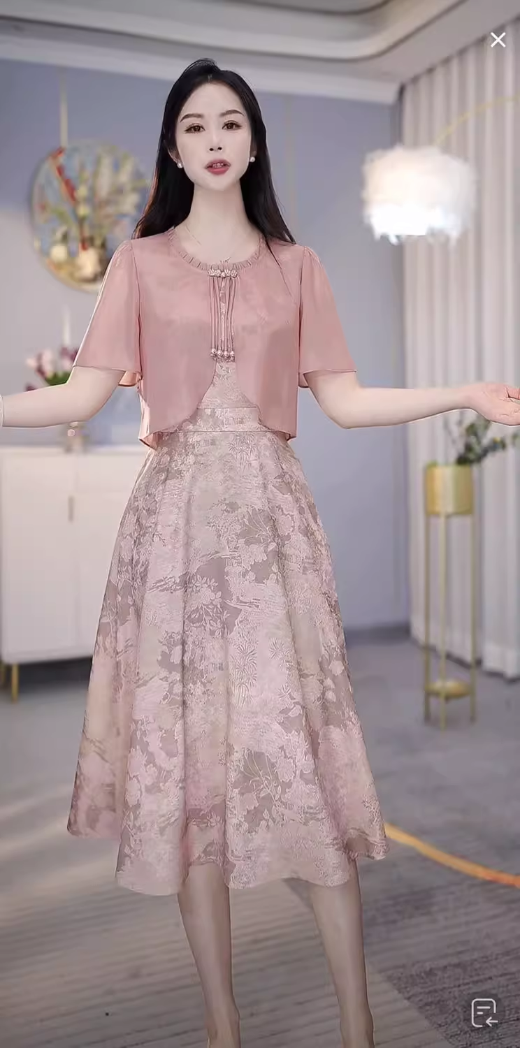 15654-Đầm xoè hồng lụa vân  gấm phối voan  cách điệu ( lụa, voan)_thumbnail_0