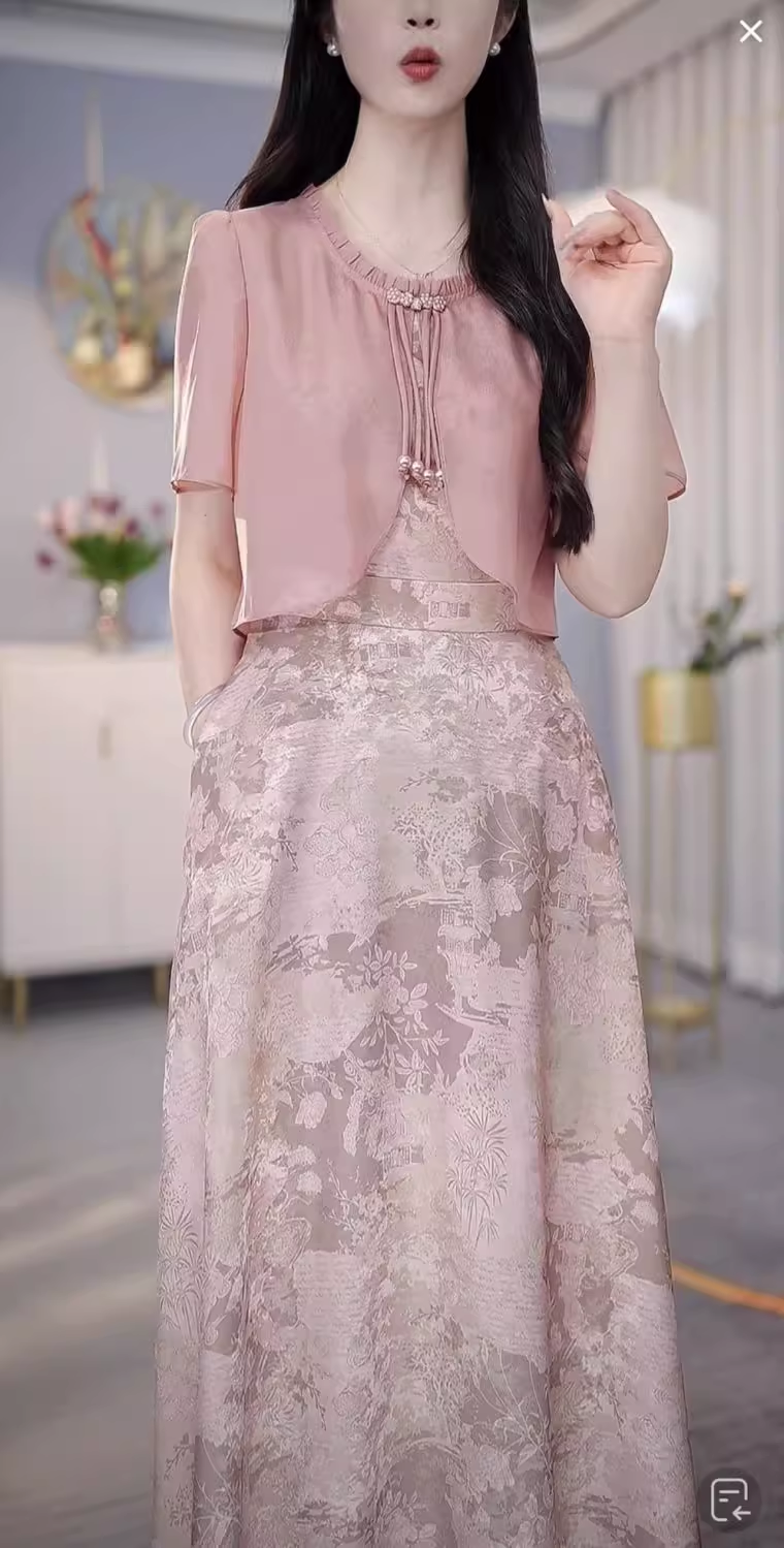 15654-Đầm xoè hồng lụa vân  gấm phối voan  cách điệu ( lụa, voan)_thumbnail_2