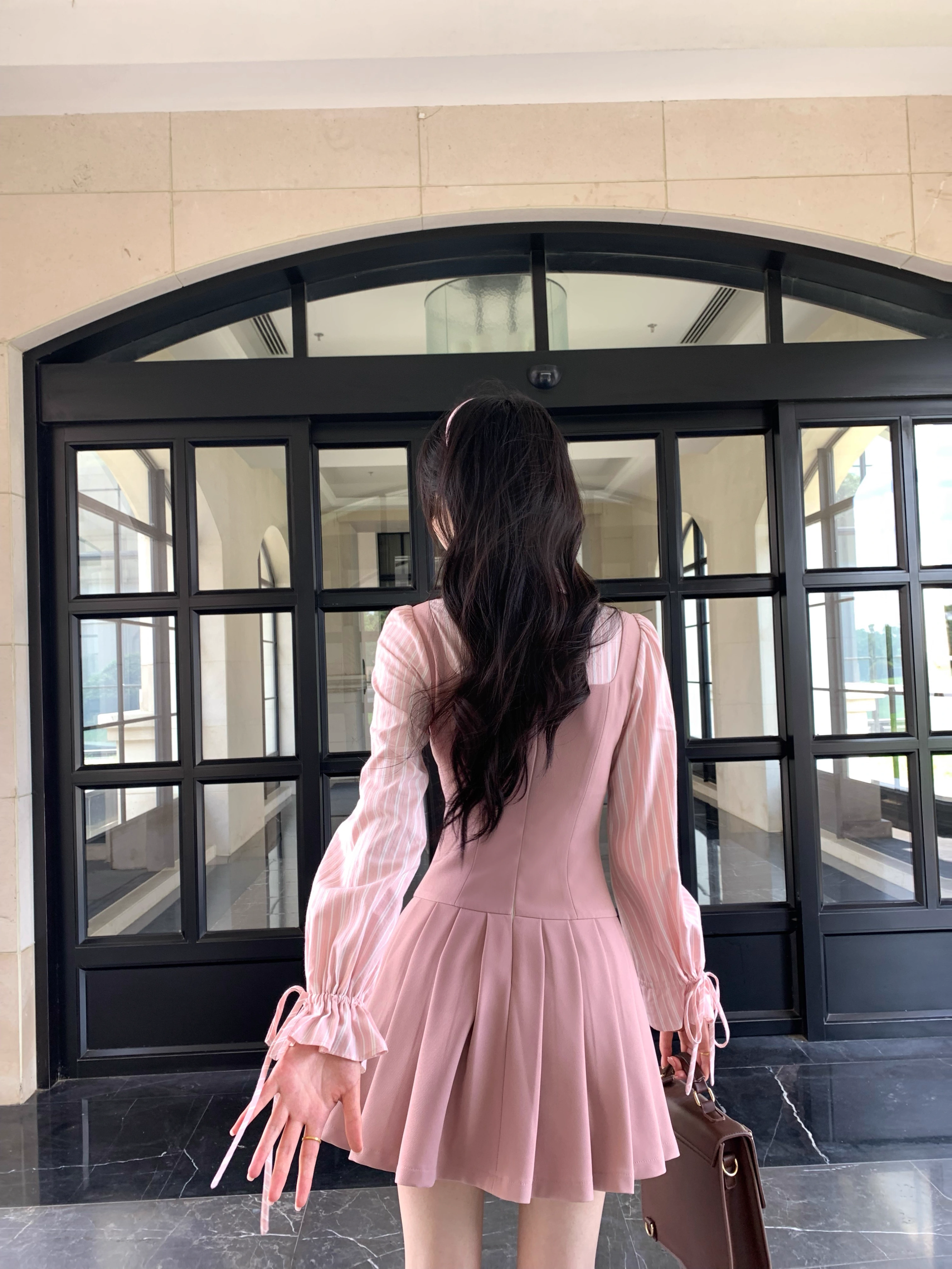 15486-Đầm hồng xếp  ly phối tay dài kẻ  sọc (   linen,  vải sọc)_thumbnail_1