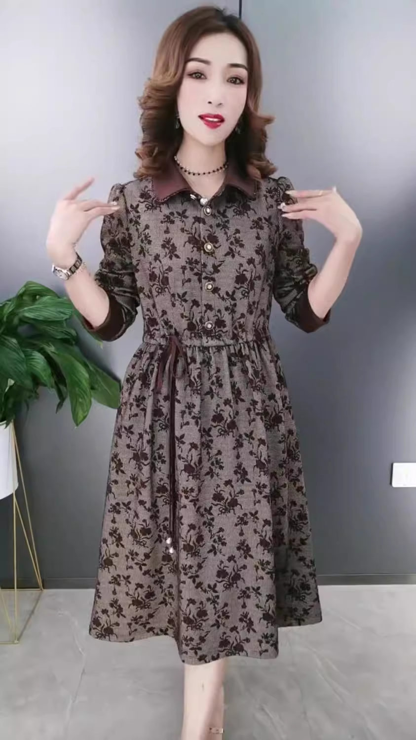 15540-Đầm xoè xám in hoa tay dài cổ  bẻ ( thun lụa in)_thumbnail_1