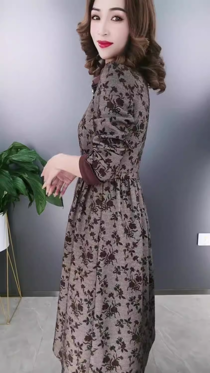 15540-Đầm xoè xám in hoa tay dài cổ  bẻ ( thun lụa in)_thumbnail_3