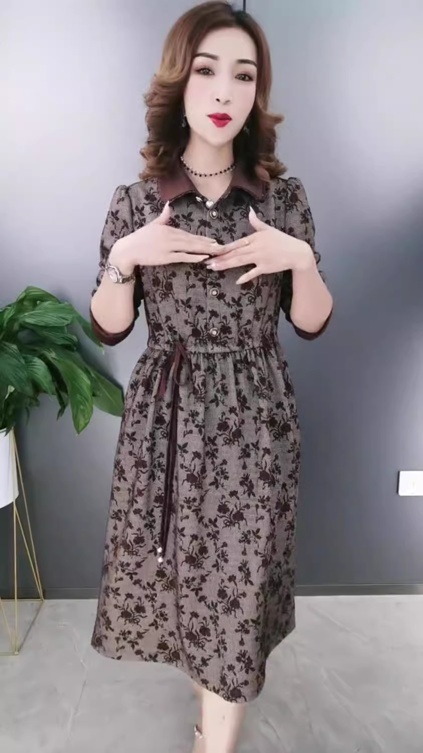 15540-Đầm xoè xám in hoa tay dài cổ  bẻ ( thun lụa in)_thumbnail_2