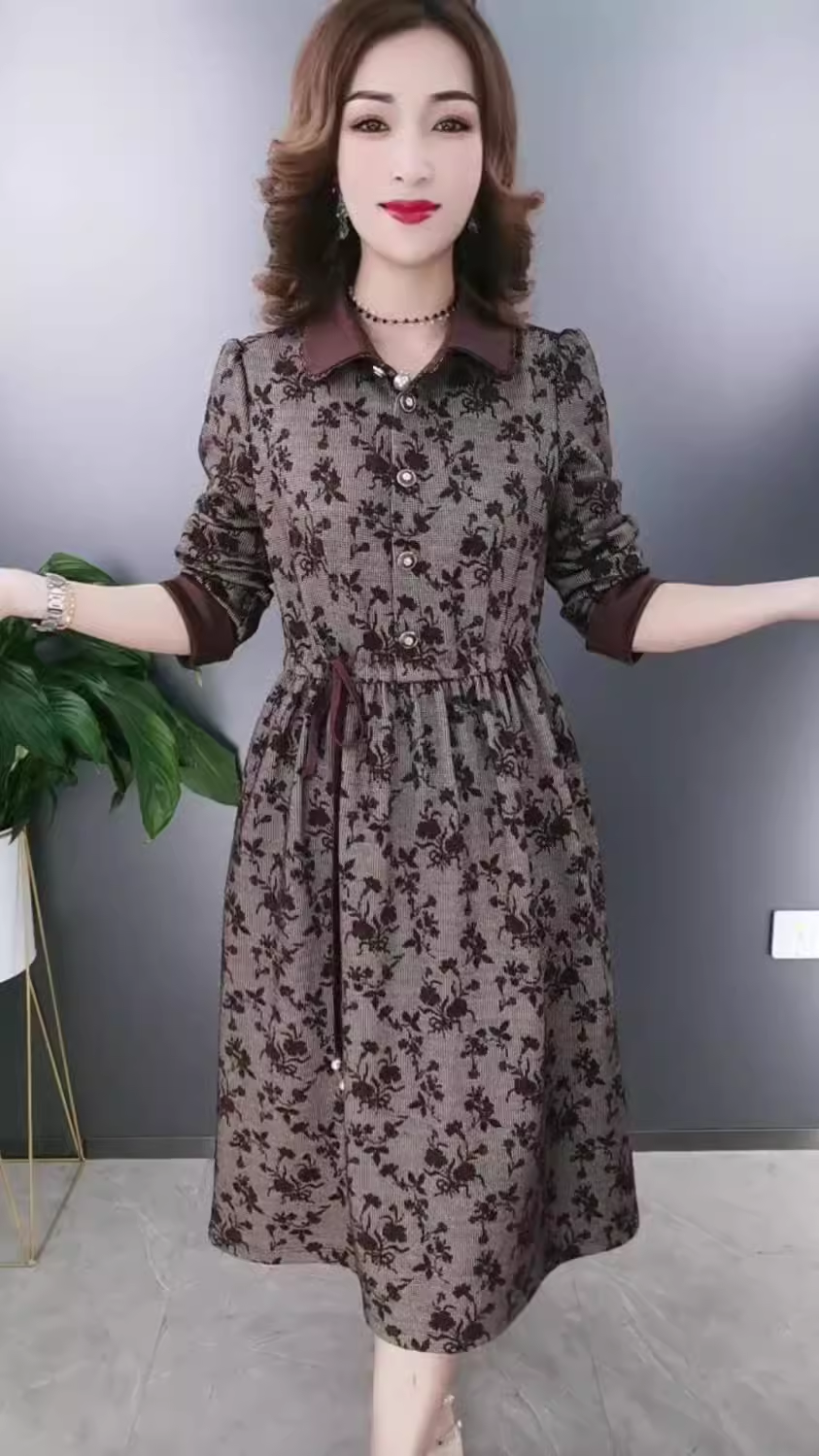 15540-Đầm xoè xám in hoa tay dài cổ  bẻ ( thun lụa in)_thumbnail_0