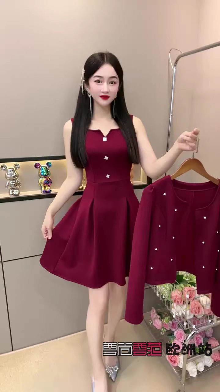 15525-Set đầm kèm khoác đỏ  đô tay dài ( thun mịn)_thumbnail_0