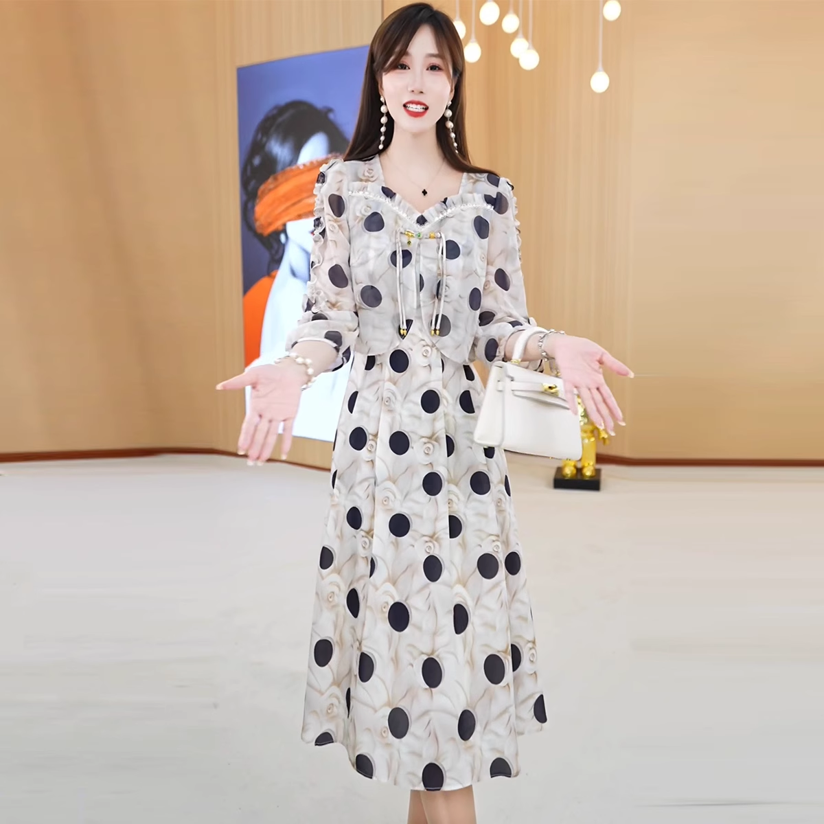 15195-Đầm voan hoạ tiết chấm tròn tay lửng giả kiểu khoác  rời ( voan, lót)_thumbnail_0