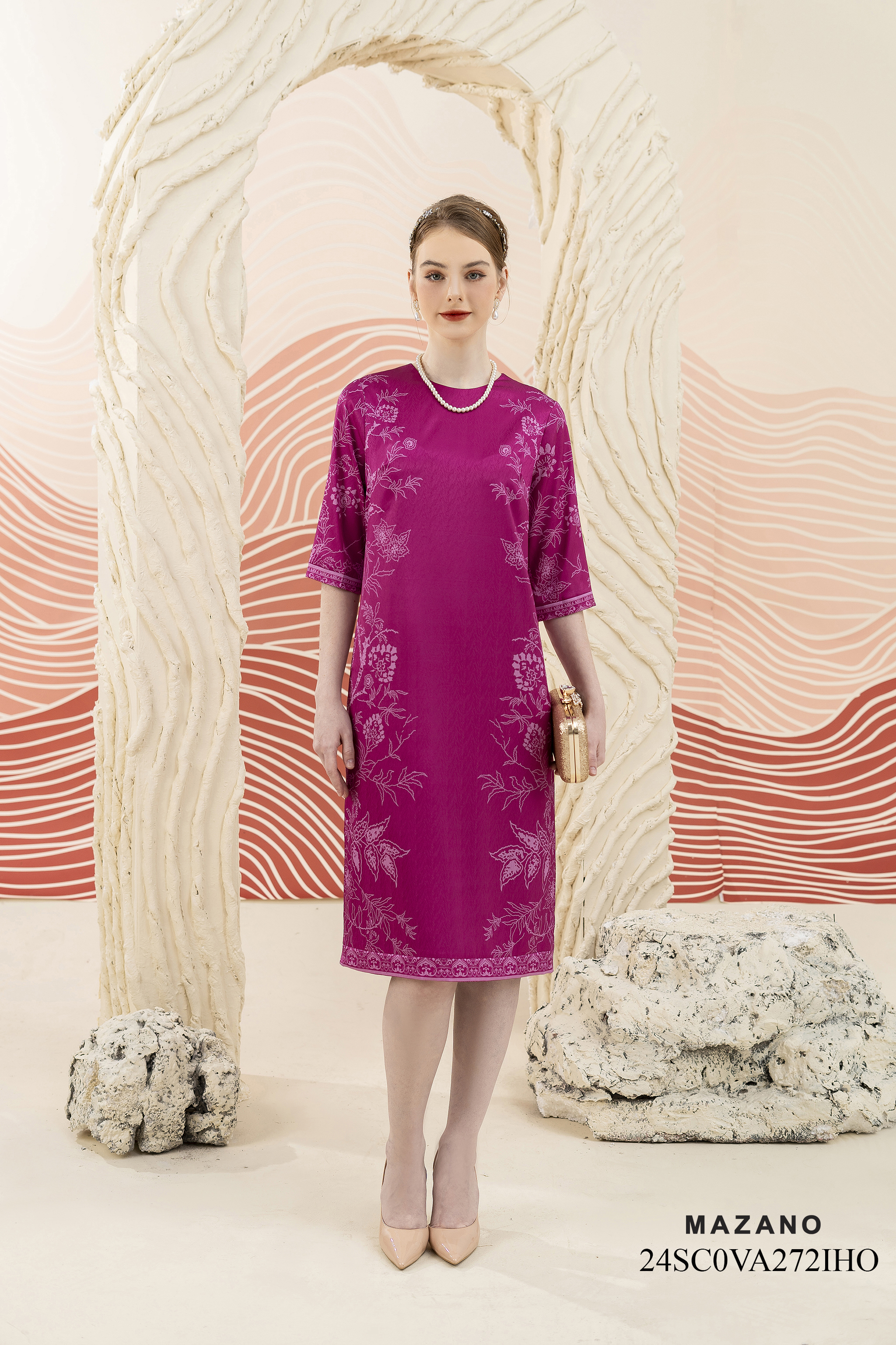 Váy Đầm suông Vải thô Hoạ tiết cách điệu Cổ tròn Tay lỡ Dài đến bắp chân