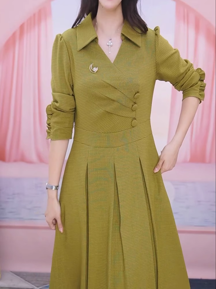 15354-Đầm xoè tay dài  màu vàng  cổ bẻ ngực kết nút ( linen)_thumbnail_0