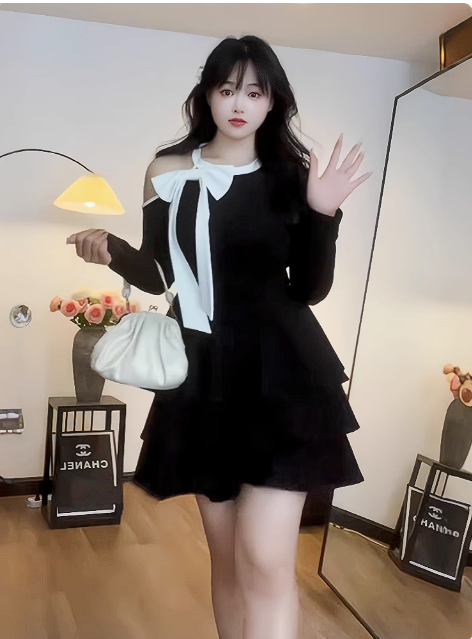 15383-Đầm xoè tầng tay dài cổ kết nơ trắng (  thun mịn)_thumbnail_0