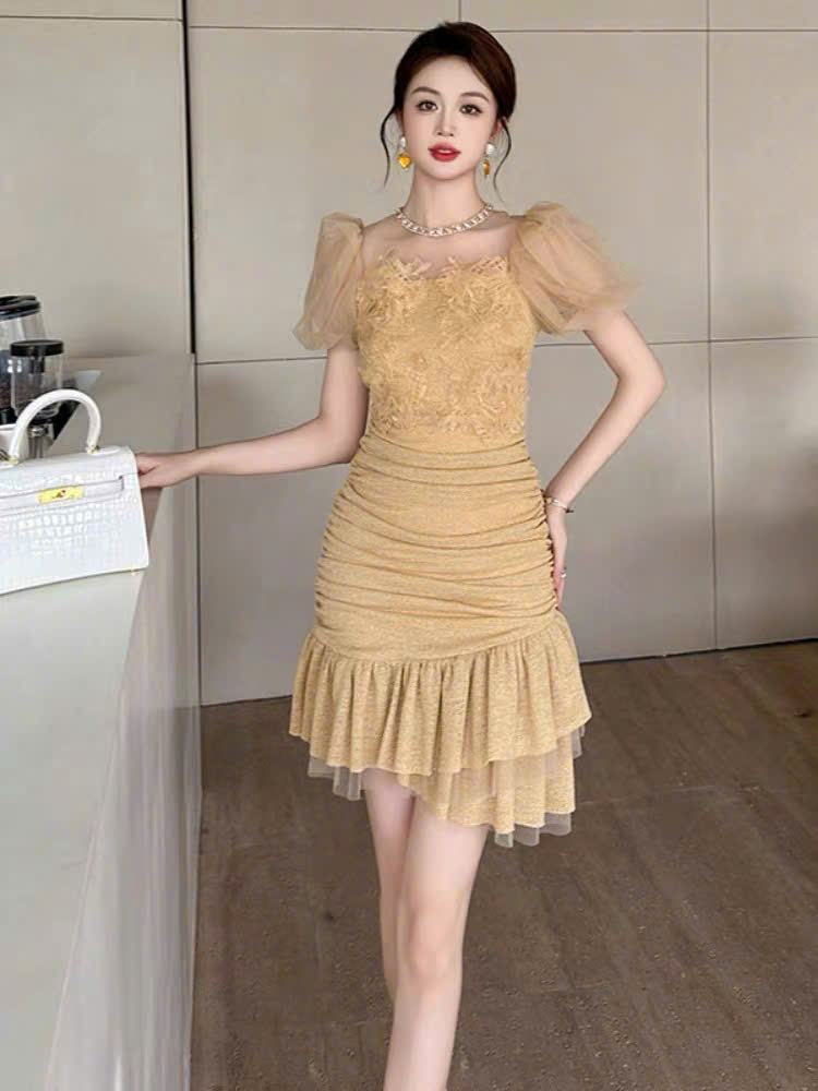 15374-Đầm body tiệc màu vàng phối ren nhún cách điệu ( thun , ren, lưới)_thumbnail_1