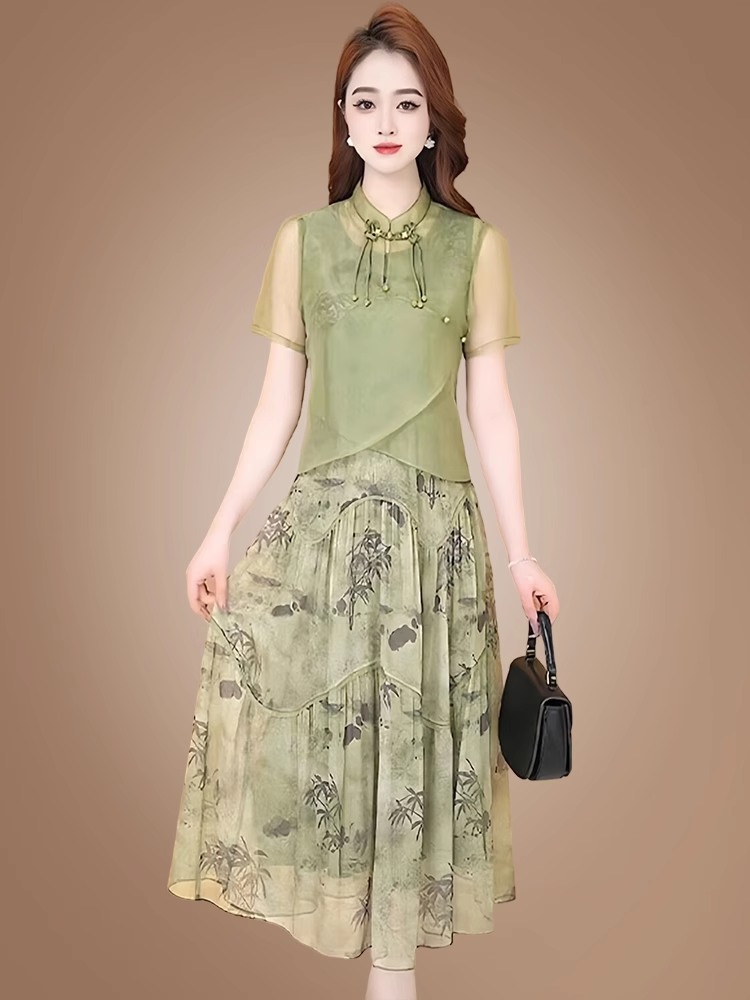 15051-Đầm voan hoa xanh  cổ kết nút tàu cách điệu ( voan tơ, lót)_thumbnail_0