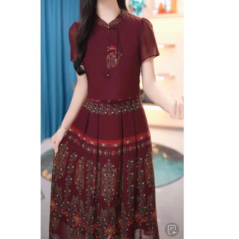 15257-Đầm voan  xòe đỏ đô giả kiểu  rời in họa tiết cổ tàu cách điệu ( voan, lót)_thumbnail_0