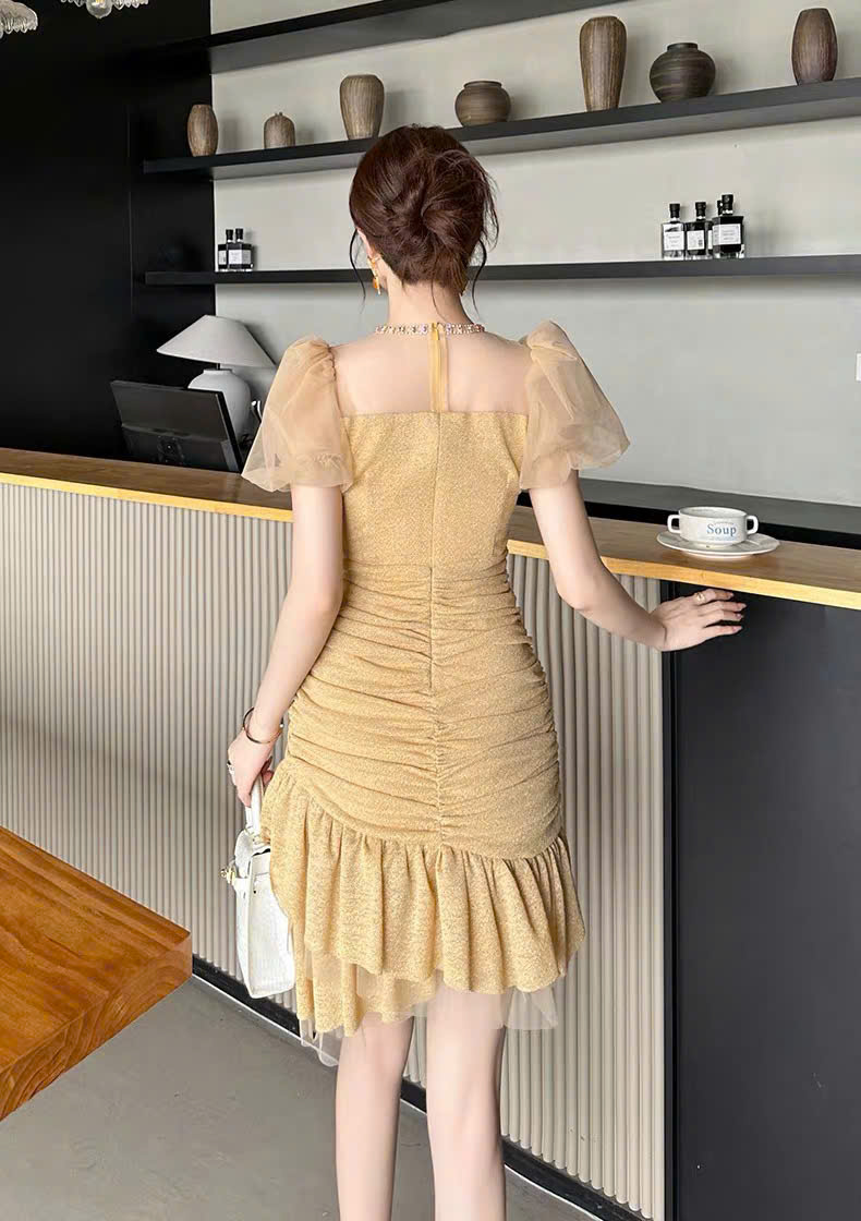 15374-Đầm body tiệc màu vàng phối ren nhún cách điệu ( thun , ren, lưới)_thumbnail_2