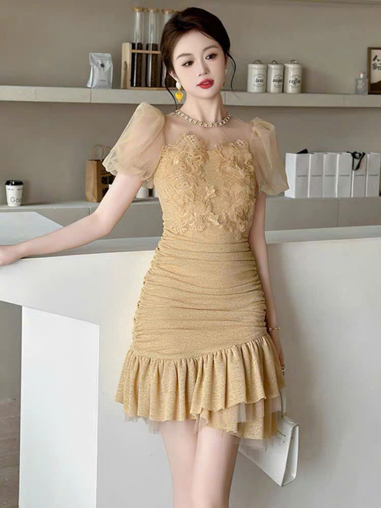 15374-Đầm body tiệc màu vàng phối ren nhún cách điệu ( thun , ren, lưới)_thumbnail_0