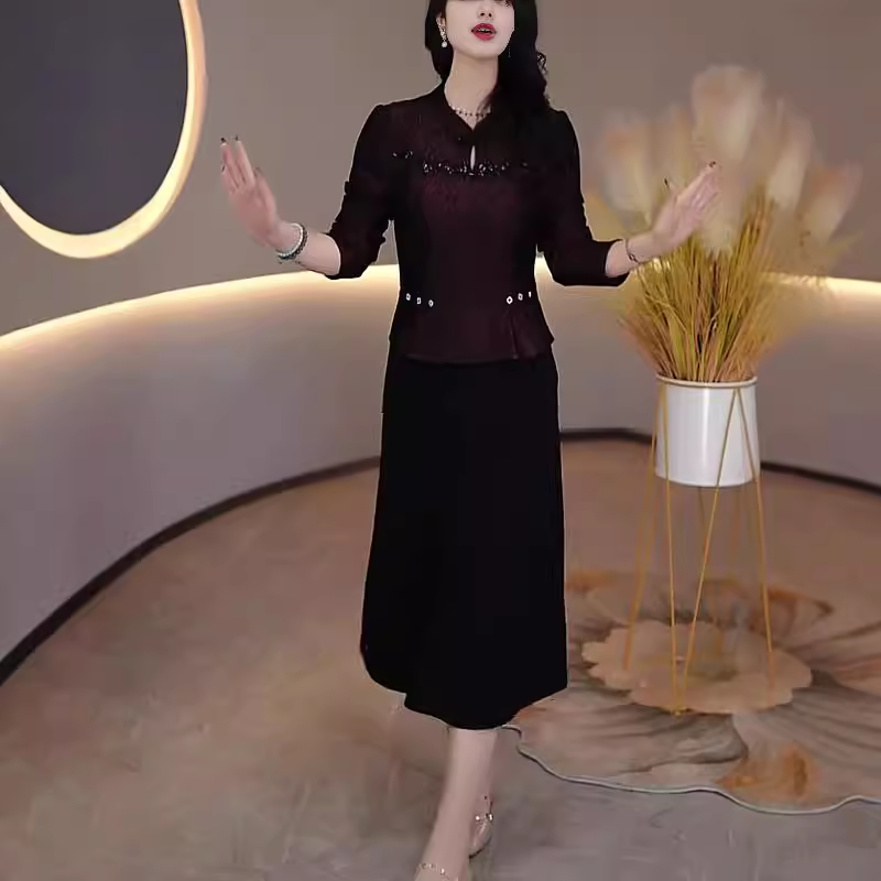 15220-Đầm A dáng peplum phối 2 màu đỏ đen  cổ kết nút tàu ( lụa vân gấm, chéo nhật)_thumbnail_3