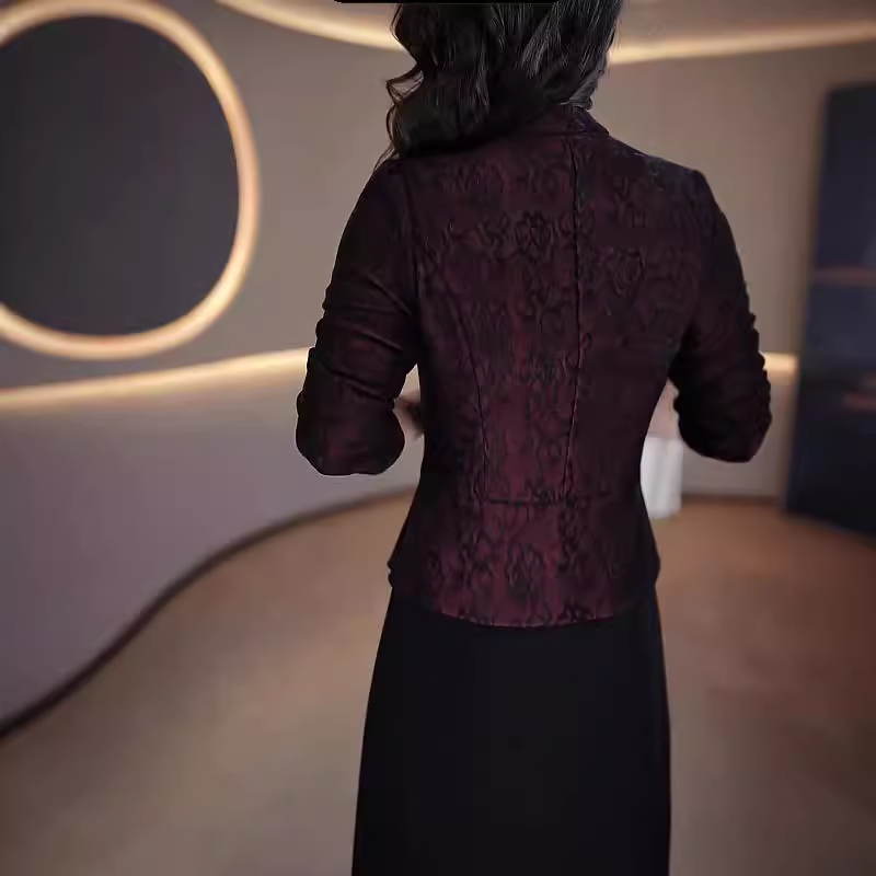 15220-Đầm A dáng peplum phối 2 màu đỏ đen  cổ kết nút tàu ( lụa vân gấm, chéo nhật)_thumbnail_2