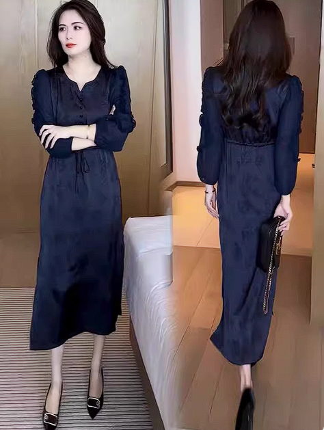 15048-Đầm suông lụa màu xanh đen phối  tay  voan ( lụa latin, voan)_thumbnail_0