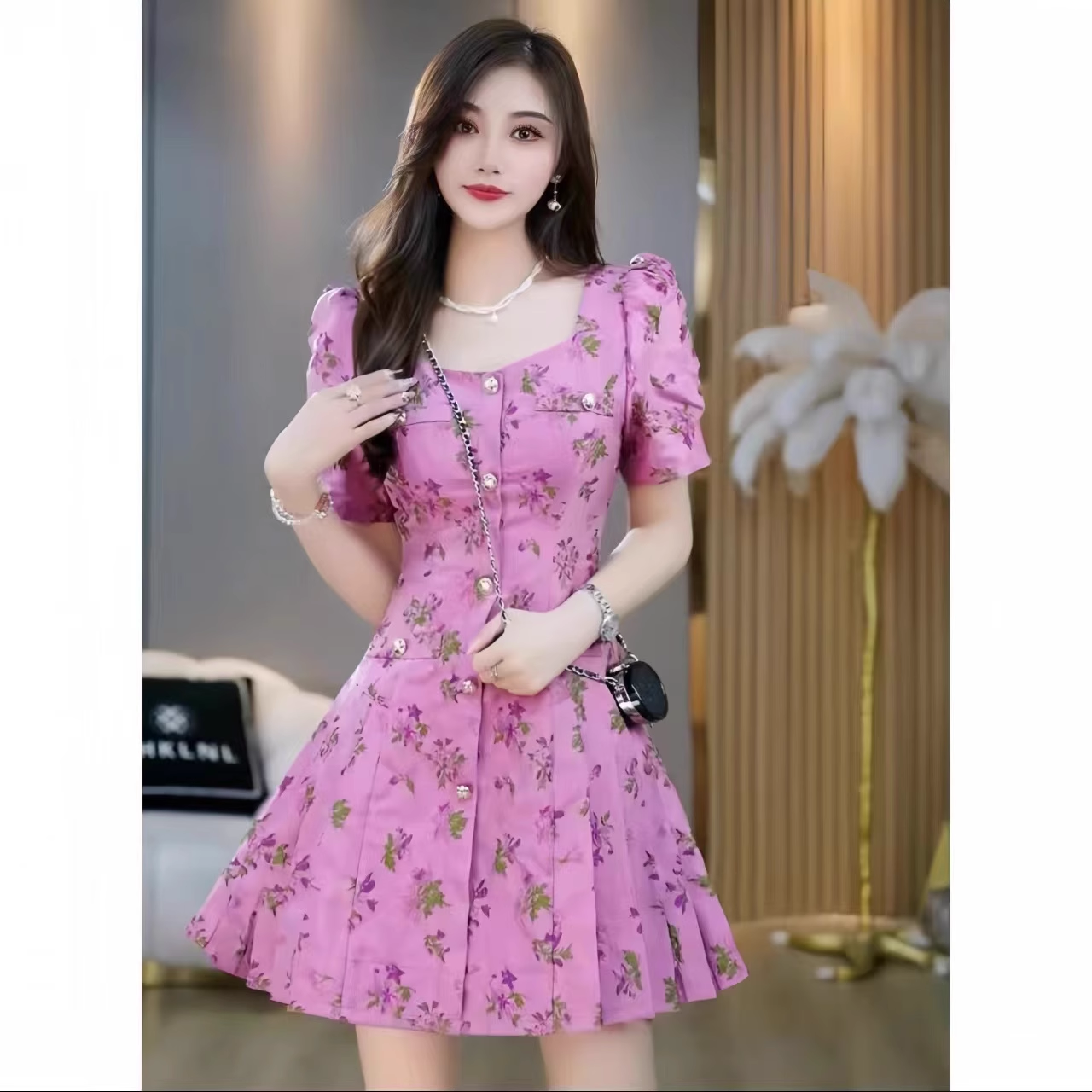 15376-Đầm suông A màu hồng in hoa tà  xếp ly ( lụa mango)_thumbnail_0