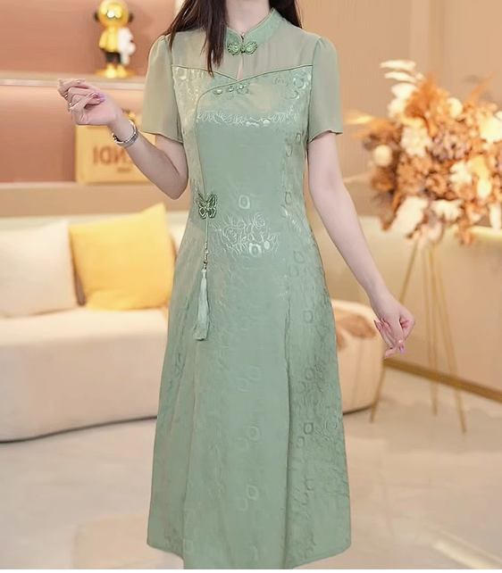 15464-Đầm lụa suông A  cổ tàu kết nút cách điệu ( lụa latin, voan lưới)_thumbnail_1