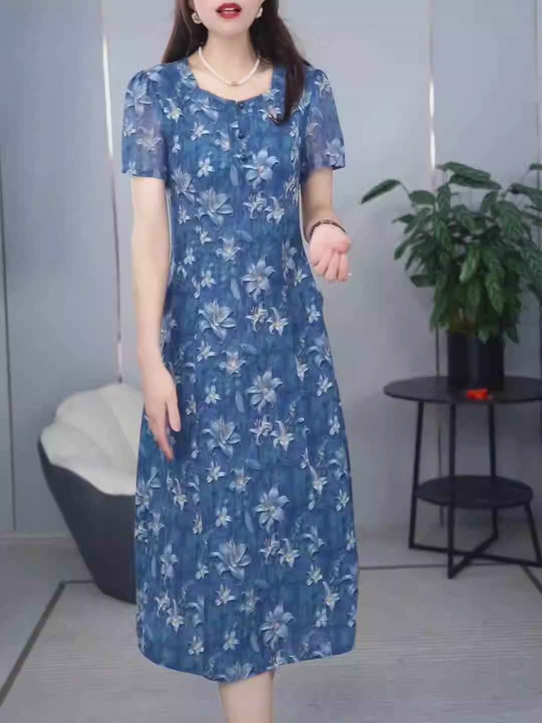 15009-Đầm suông A in hoa  xanh biển ( voan, lót)_thumbnail_0