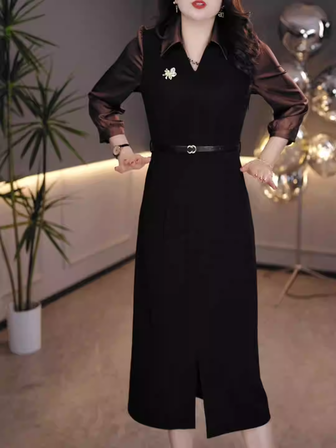 15529-Đầm suông cổ bẻ phối  tay voan tơ nâu ( thun mịn, voan ánh kim)_thumbnail_0