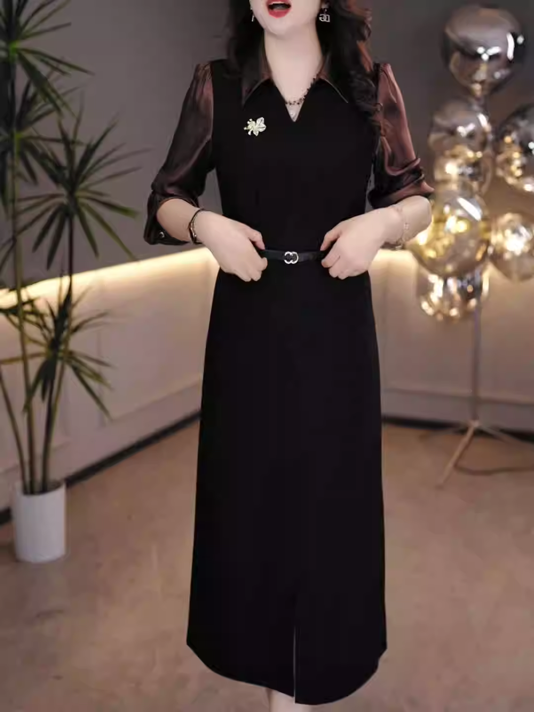 15529-Đầm suông cổ bẻ phối  tay voan tơ nâu ( thun mịn, voan ánh kim)_thumbnail_2