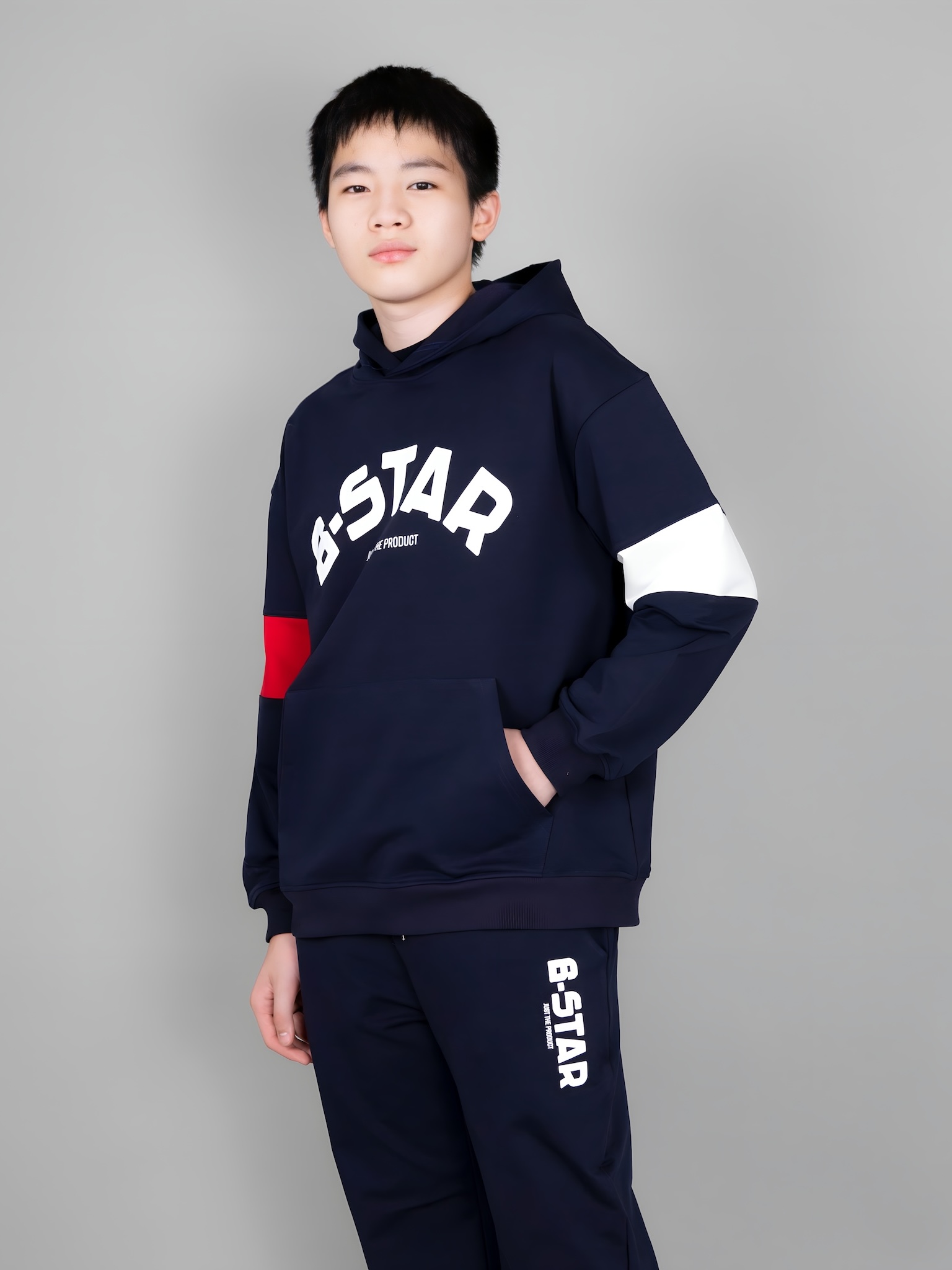 Áo nỉ hoodie màu navy tay phối đỏ trắng