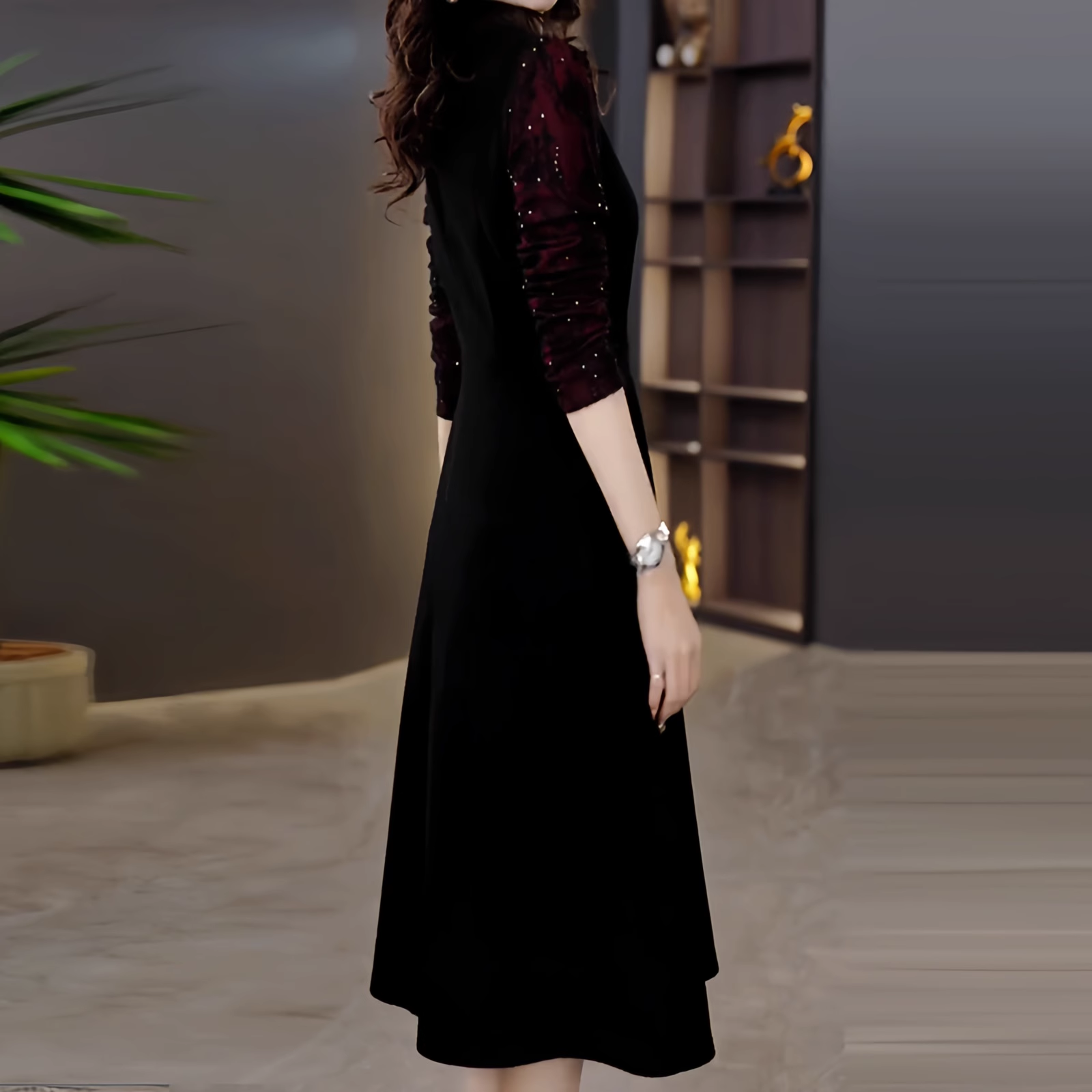 15833-Đầm xòe đen tay dài vai phối ren đỏ đô (thun mịn, ren)_thumbnail_2