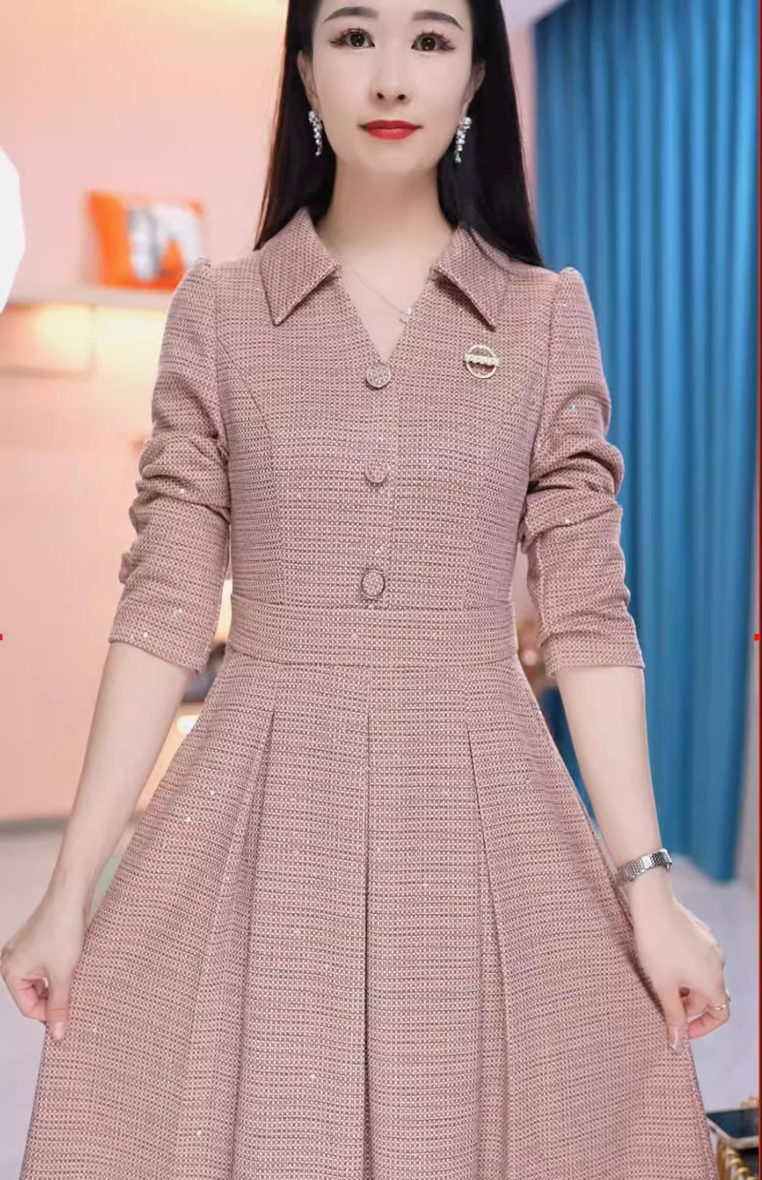 15823-Đầm xoè tay dài cổ bẻ  két nút ( tweet ruby)_thumbnail_2