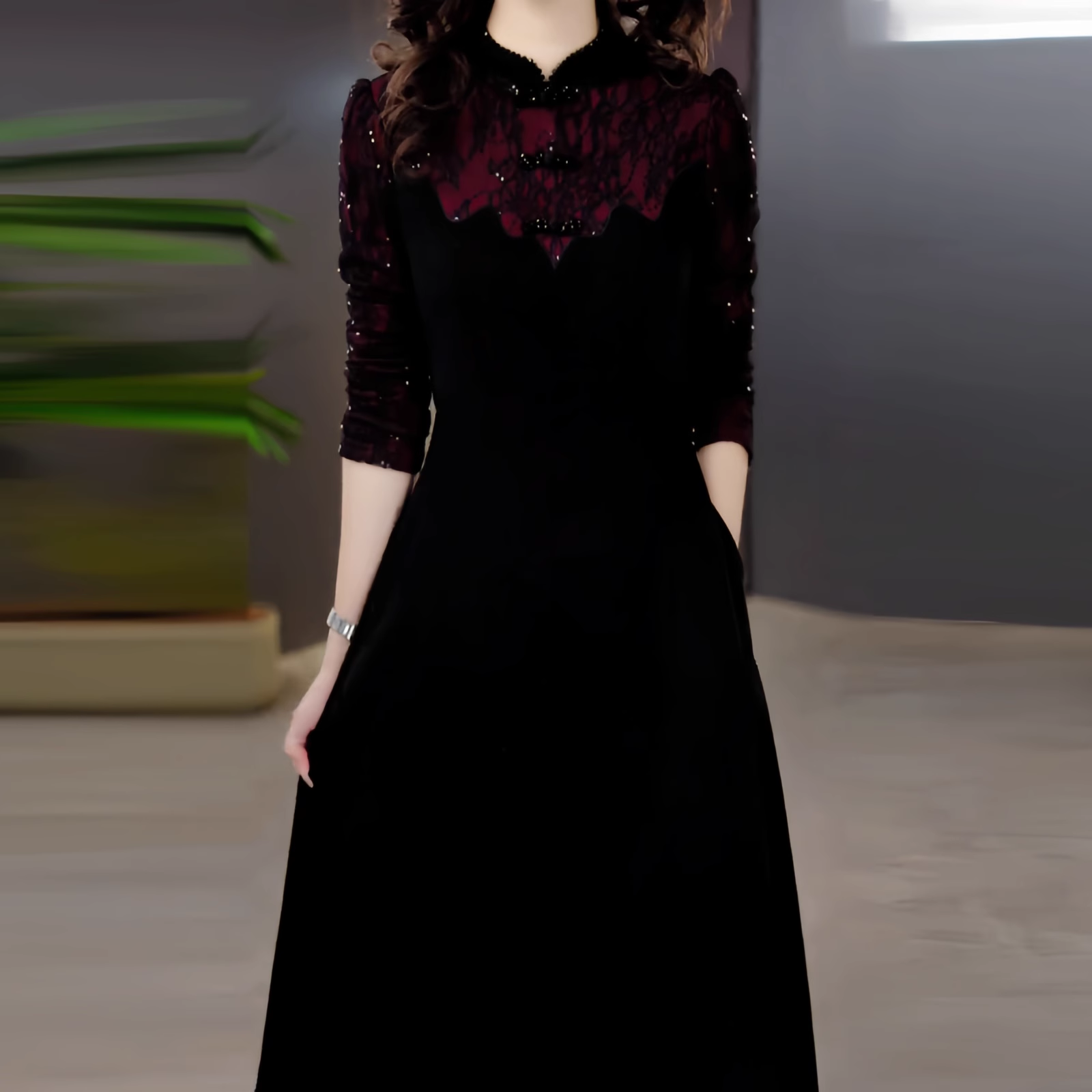 15833-Đầm xòe đen tay dài vai phối ren đỏ đô (thun mịn, ren)_thumbnail_1