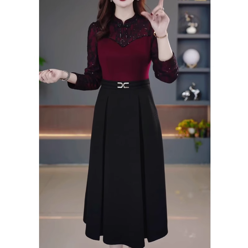 15821-Đầm xoè A tay dài phối   2 màu đỏ đen ( thun mịn, ren)_thumbnail_0