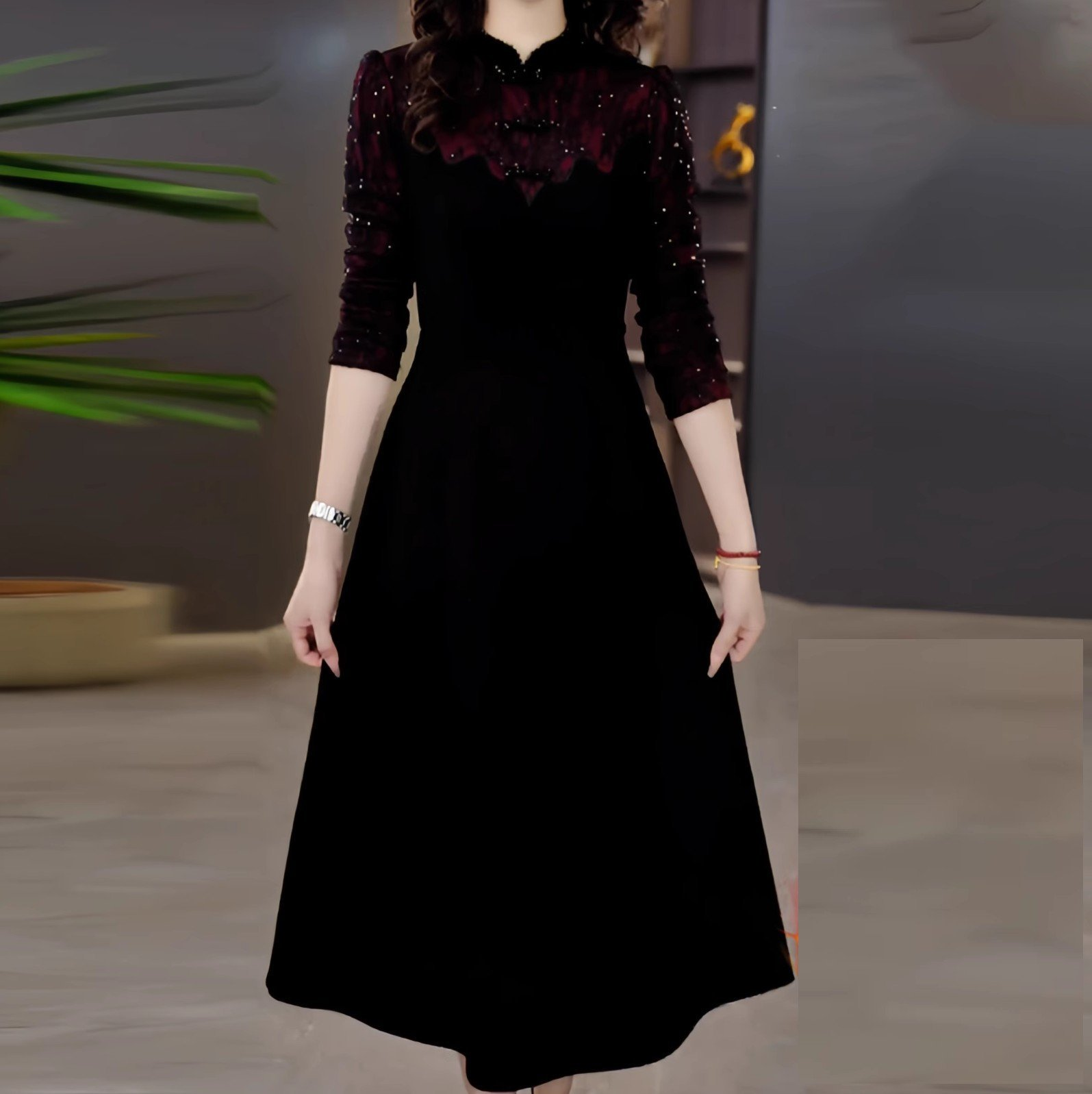 15833-Đầm xòe đen tay dài vai phối ren đỏ đô (thun mịn, ren)_thumbnail_0