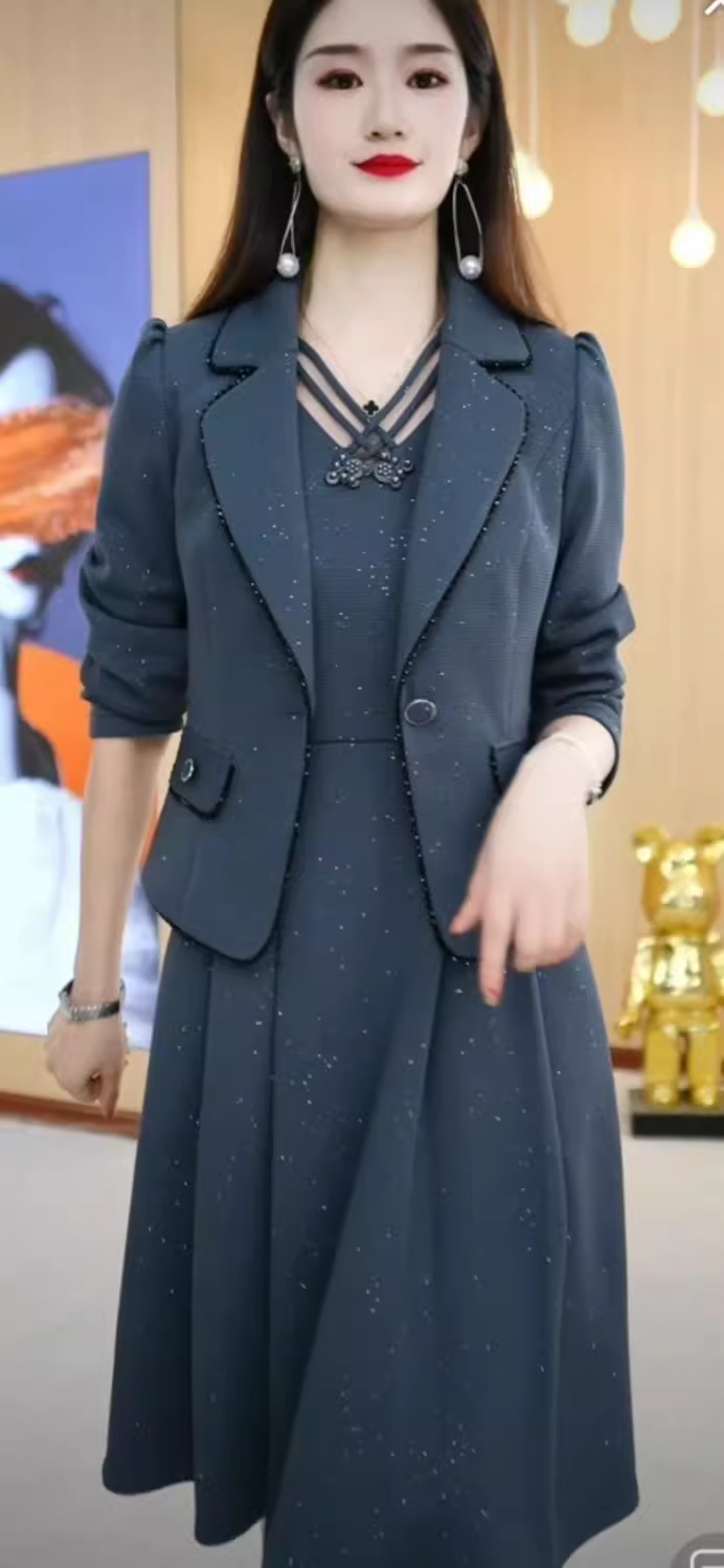 15685-Set đầm kèm khoác  rời màu xanh đen ( thun tổ ong)_thumbnail_0