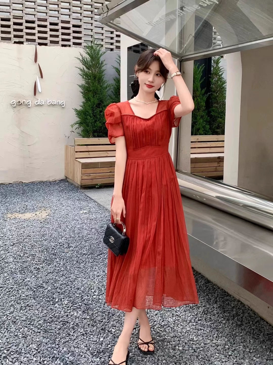 15816-Đầm voan tay nhún cổ vuông viền ren cách điệu ( voan lót )_thumbnail_1