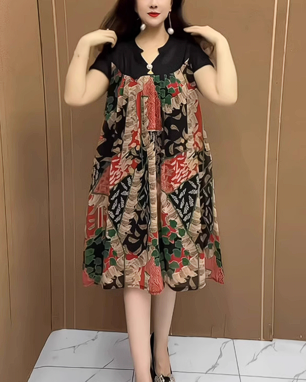 15883-Đầm suông A in hoa  phối voan tay ngắn (lụa, voan)_thumbnail_2