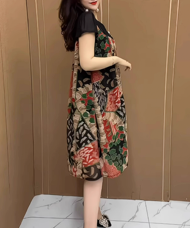 15883-Đầm suông A in hoa  phối voan tay ngắn (lụa, voan)_thumbnail_3