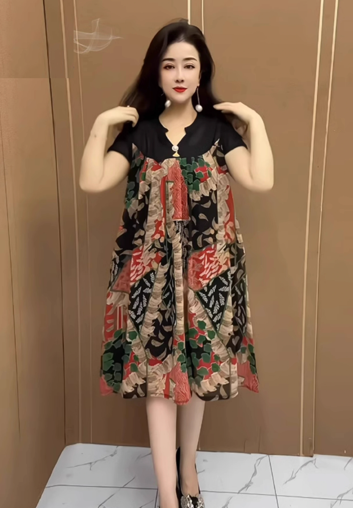 15883-Đầm suông A in hoa  phối voan tay ngắn (lụa, voan)_thumbnail_0