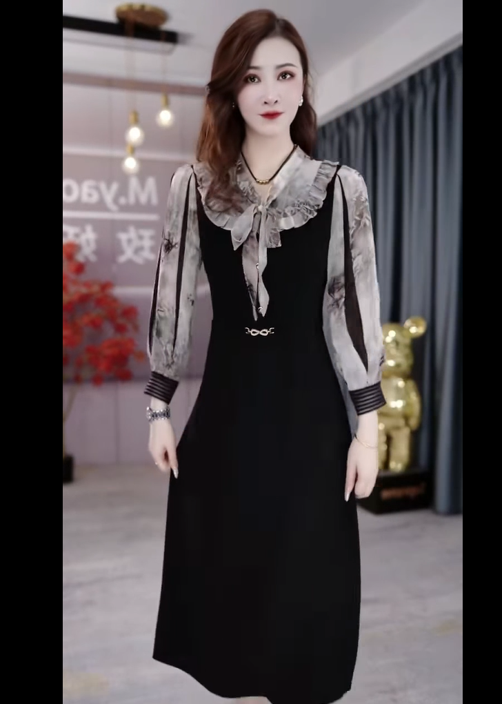 15896-Đầm A đen phối voan, tay dài cổ thắt nơ (poly 2 da, voan)_thumbnail_0