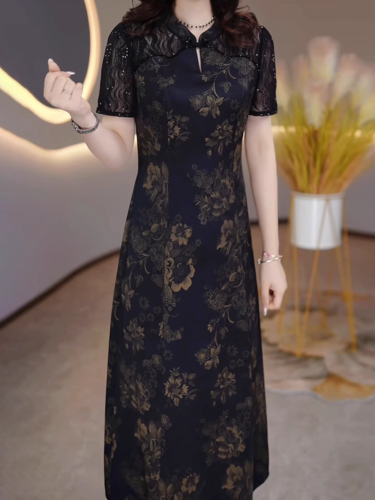 15442-Đầm suông lụa in  hoa  3d tay phối ren ( lụa, ren)_thumbnail_0