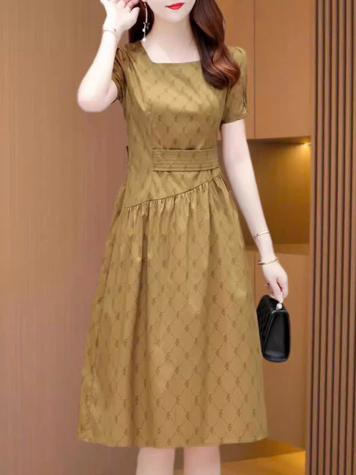 15201-Đầm xòe nâu in hoa  nổi  3D ( lụa )_thumbnail_1